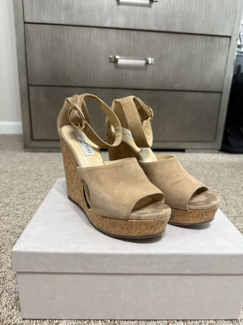 Jimmy Choo Beige Suede Cork Platform Wedge Sandals